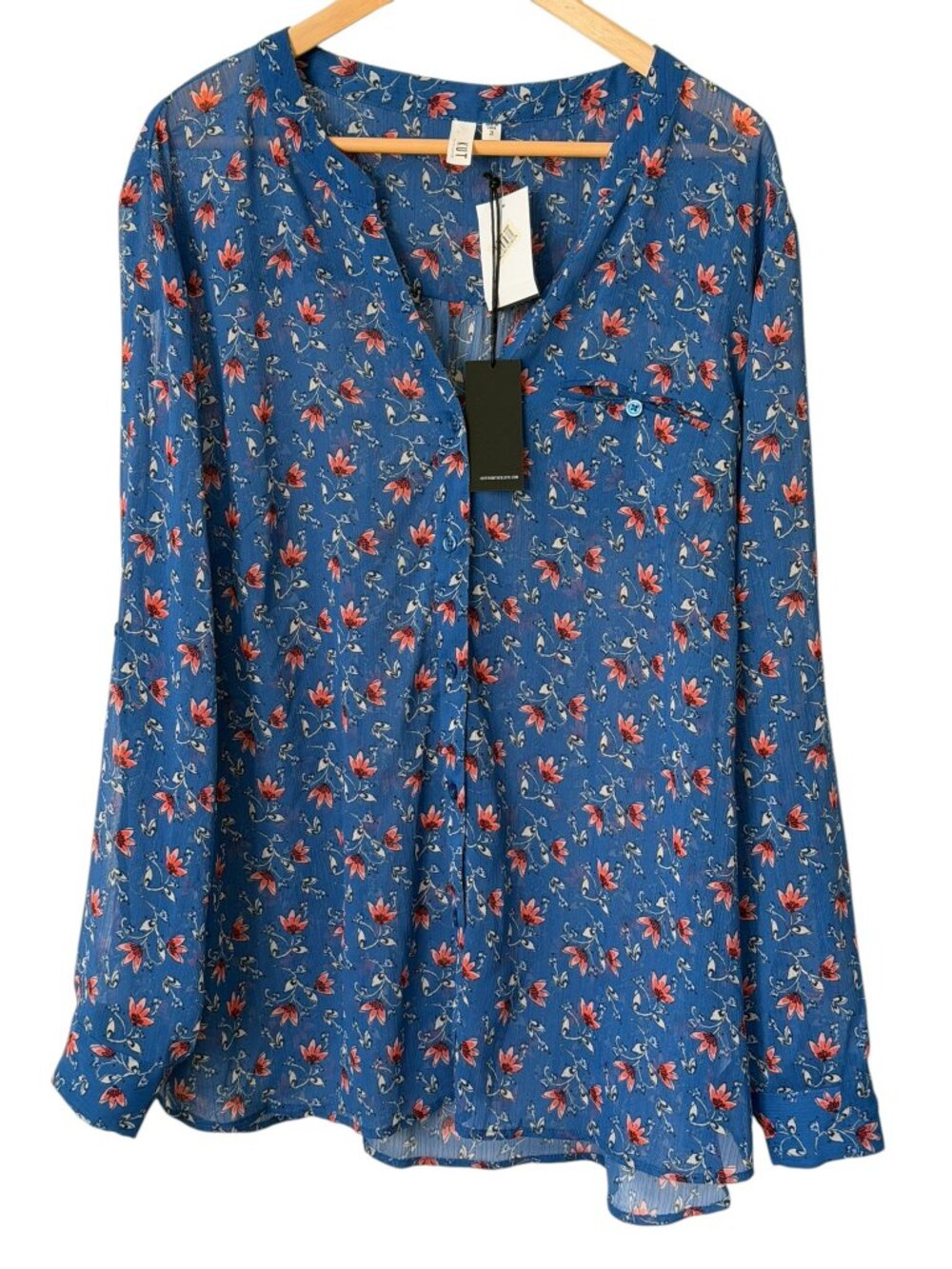 KUT From The Kloth Jasmine Sheer Floral Roll Tab Blouse Blue Boho Chiffon 2X